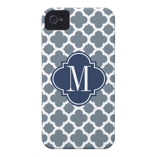 Navy Blue and Grey Quatrefoil Custom Monogram Case-Mate iPhone 4 Case