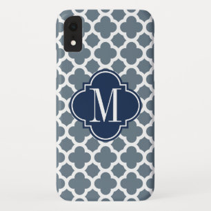 Navy Blue and Grey Quatrefoil Custom Monogram iPhone XR Case