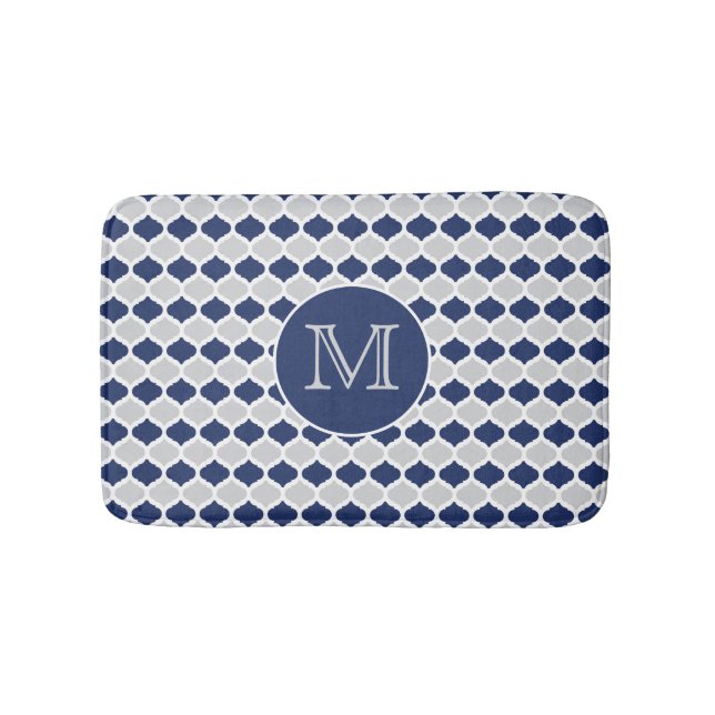 Navy Blue and Grey Quatrefoil Monogram Bath Mat (Front)