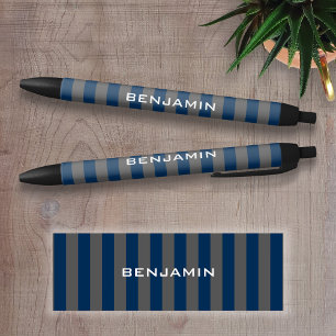 Navy Blue and Grey Rugby Stripes Name Number Black Ink Pen