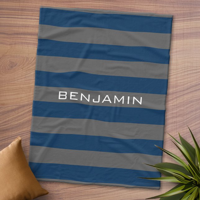 Navy Blue and Grey Rugby Stripes with Custom Name Fleece Blanket (Personalized Fleece Blanket - Add Photos and Text)