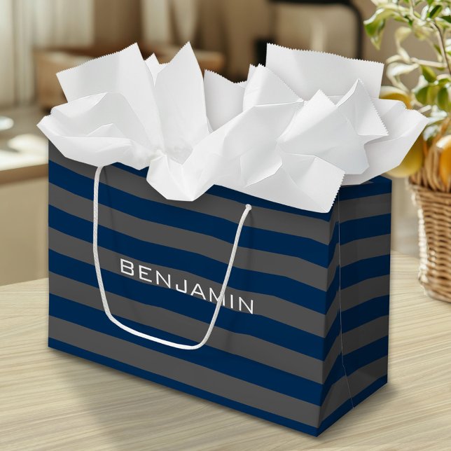 Navy Blue and Grey Rugby Stripes with Custom Name Large Gift Bag (Custom Gift Bag)