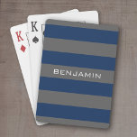 Navy Blue and Grey Rugby Stripes with Custom Name Playing Cards<br><div class="desc">Dark Blues and charcoal grey -- A manly pattern for the guys and boys in your family. A bold and modern design with an area for customised text. If you need to adjust the artwork or change the font, you can click on the customise area. This will take you to...</div>