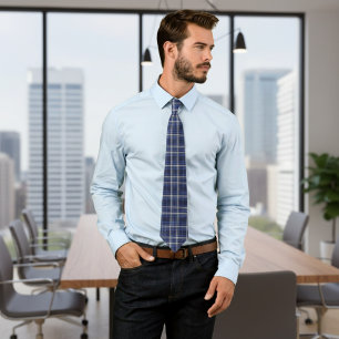 Navy Blue and Grey Tartan Plaid Scottish Style Tie