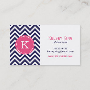 Navy Blue and Hot Pink Chevron Custom Monogram Business Card