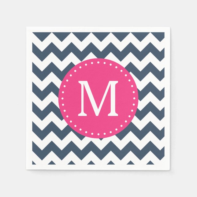 Navy Blue and Hot Pink Chevron Custom Monogram Napkin (Front)