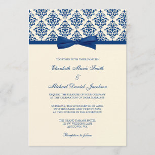 Navy Blue and Ivory Damask Bow Wedding Invitation