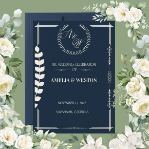 Navy Blue and Ivory Elegant Laurel Wreath Wedding  Invitation