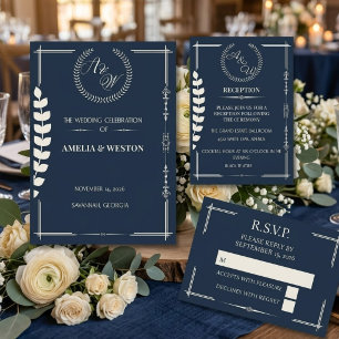 Navy Blue and Ivory Elegant Monogram Wedding Menu