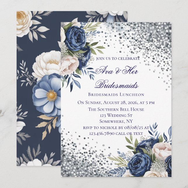 Navy Blue and Ivory Floral Bridesmaids Luncheon Invitation (Front/Back)