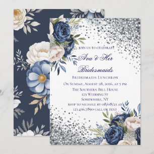 Navy Blue and Ivory Floral Bridesmaids Luncheon Invitation