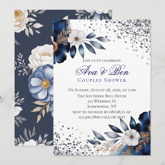 Navy Blue and Ivory Floral Couples Shower Invitation (Front/Back)