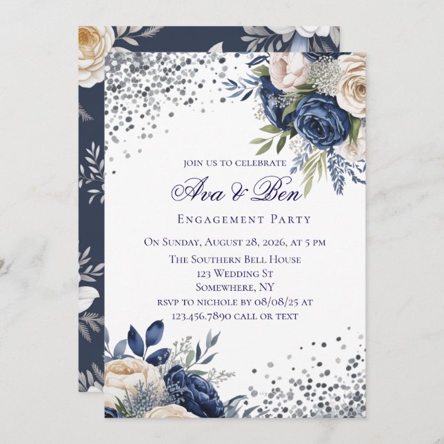Navy Blue and Ivory Floral Engagement Party Invitation (Front/Back)