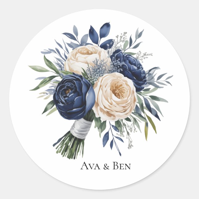 Navy Blue and Ivory Floral Wedding Classic Round Sticker (Front)