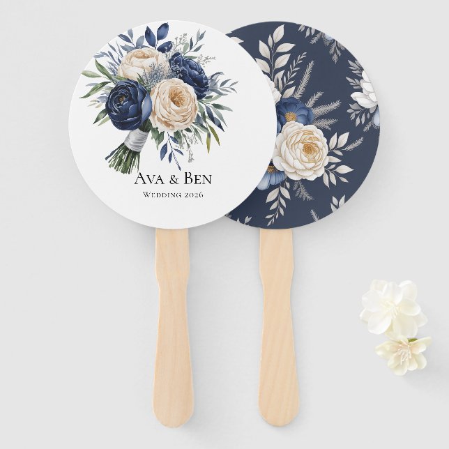 Navy Blue and Ivory Floral Wedding Hand Fan (Front and Back)