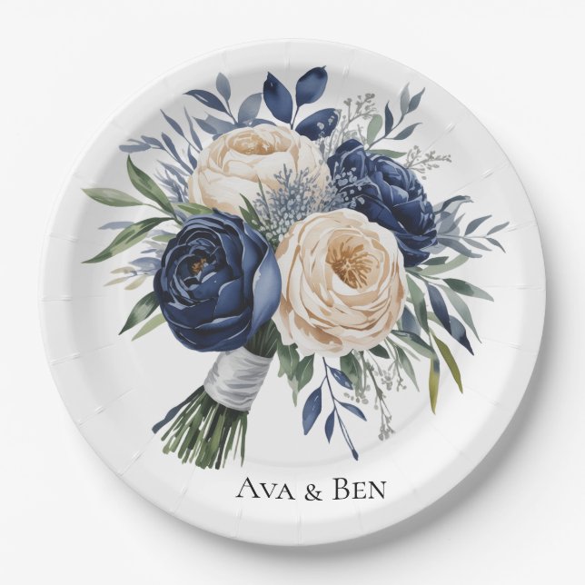 Navy Blue and Ivory Floral Wedding Paper Plate (Front)