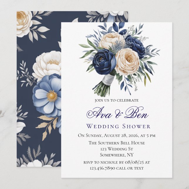 Navy Blue and Ivory Floral Wedding Shower Invitation (Front/Back)
