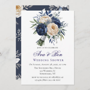 Navy Blue and Ivory Floral Wedding Shower Invitation