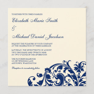 Navy Blue and Ivory Flourish Swirl Wedding Invitation