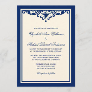 Navy Blue and Ivory Flourish Wedding Invitations