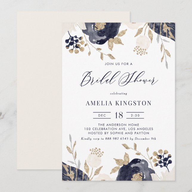 Navy Blue and Ivory Flowers Gold Bridal Shower Invitation (Front/Back)
