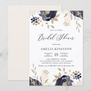Navy Blue and Ivory Flowers Gold Bridal Shower Invitation