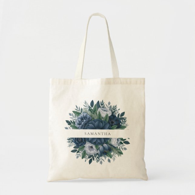 Navy blue and light blue bridesmaid name tote bag (Front)