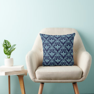 Navy Blue and Light Blue Damask Pattern Cushion