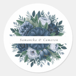 Navy blue and light blue elegant wedding  classic round sticker