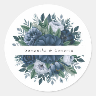 Navy blue and light blue elegant wedding  classic round sticker