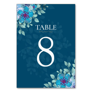Navy Blue and Light Blue Watercolor Floral Elegant Table Number