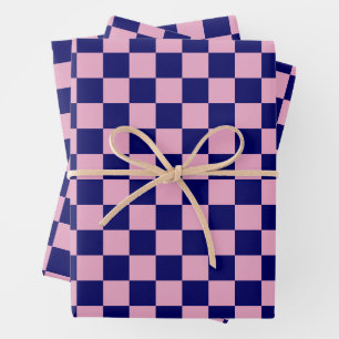 Navy Blue and Light Pink Checkerboard Pattern Wrapping Paper Sheet