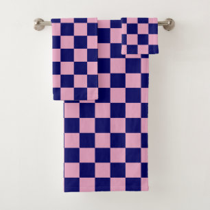 Navy Blue and Light Pink Chequerboard Pattern Bath Towel Set
