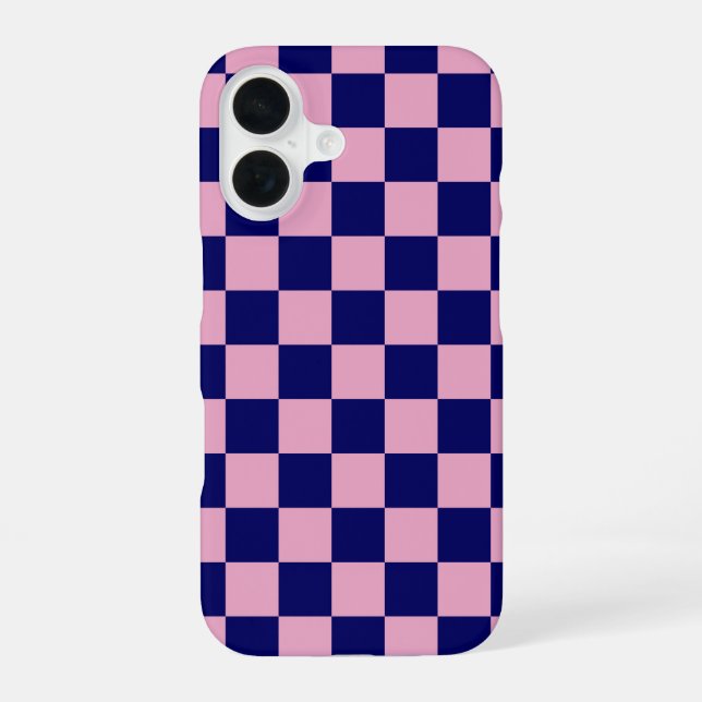 Navy Blue and Light Pink Chequerboard Pattern iPhone 16 Case (Back)