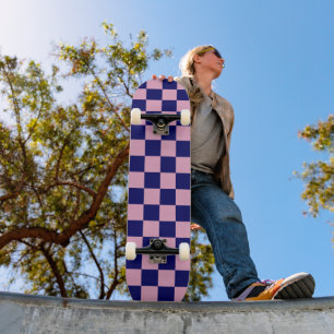 Navy Blue and Light Pink Chequerboard Pattern Skateboard