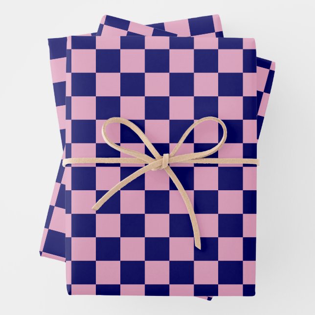 Navy Blue and Light Pink Chequerboard Pattern Wrapping Paper Sheet (In situ)