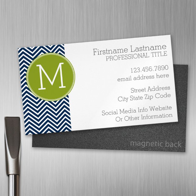 Navy Blue and Lime Green Chevrons Custom Monogram Magnetic Business Card (Custom Business Card Magnet)