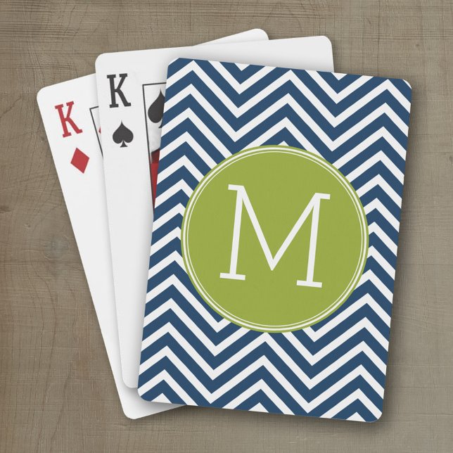 Navy Blue and Lime Green Chevrons Custom Monogram Playing Cards (Personalized playing cards with an area for text such as a name or monogram)