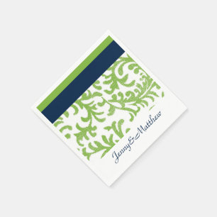 Navy Blue and Lime Green Floral Damask Napkin