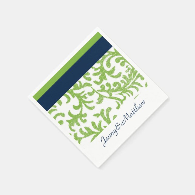 Navy Blue and Lime Green Floral Damask Napkin (Corner)
