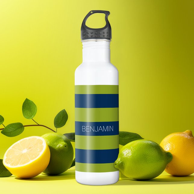 Navy Blue and Lime Green Rugby Stripes Custom Name 710 Ml Water Bottle (Personalized water bottle - sports design)