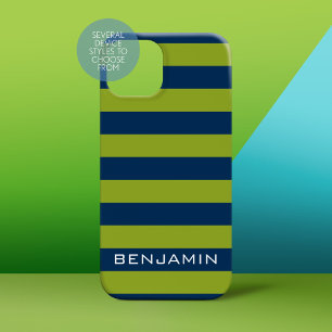 Navy Blue and Lime Green Rugby Stripes Custom Name iPhone 15 Case