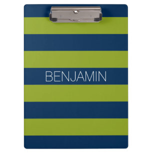 Navy Blue and Lime Green Rugby Stripes Custom Name Clipboard