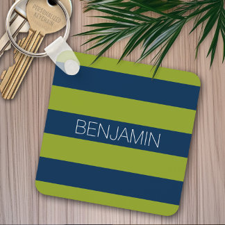 Navy Blue and Lime Green Rugby Stripes Custom Name Key Ring
