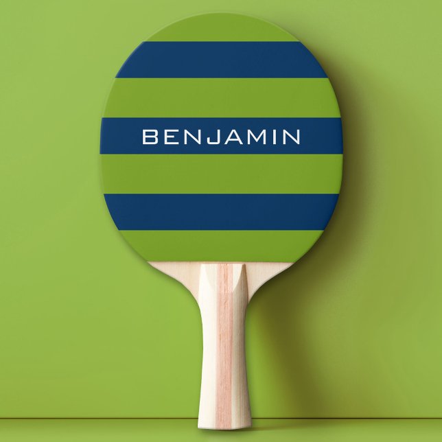 Navy Blue and Lime Green Rugby Stripes Custom Name Ping Pong Paddle (Custom Ping Pong Paddle)