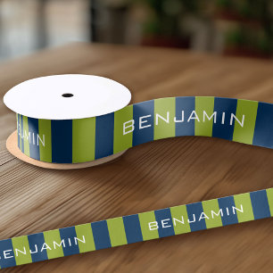 Navy Blue and Lime Green Rugby Stripes Custom Name Satin Ribbon