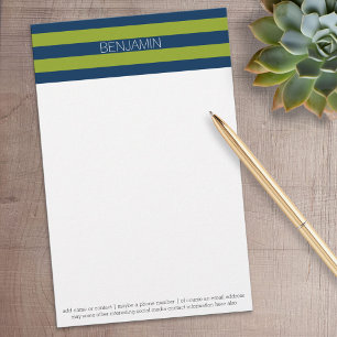 Navy Blue and Lime Green Rugby Stripes Custom Name Stationery