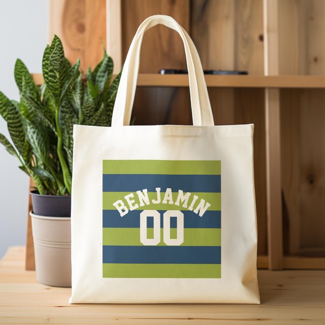 Navy Blue and Lime Green Rugby Stripes Name Number Tote Bag (Custom Tote Bag)