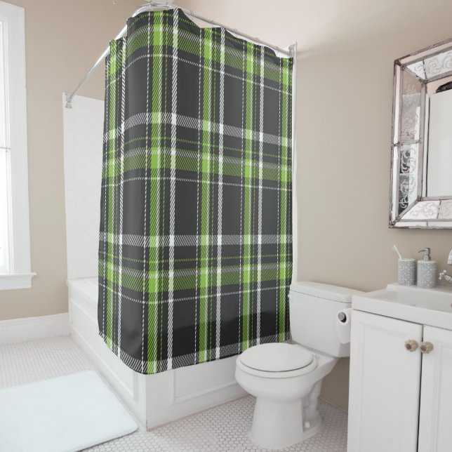 Navy Blue and Lime Green Scotland Tartan Shower Curtain (In Situ)