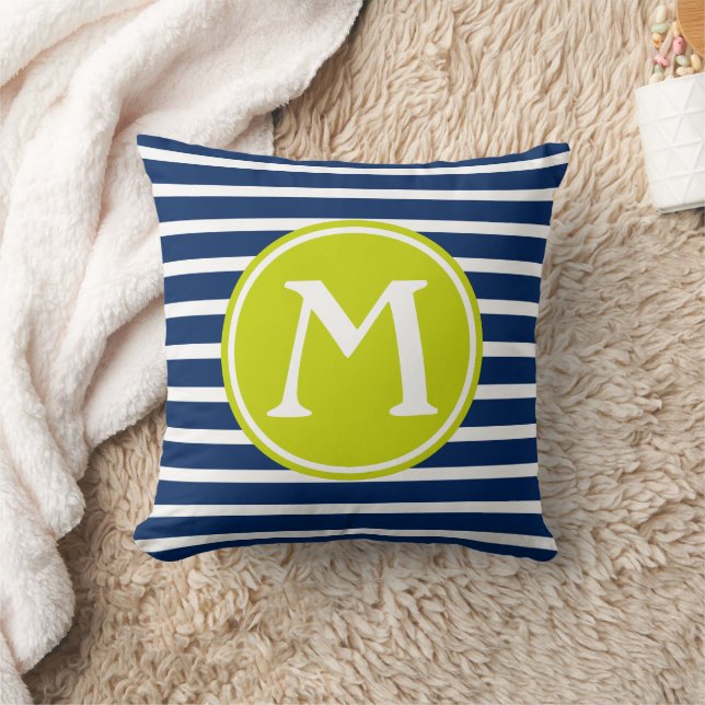 Navy Blue and Lime Green Stripe Monogram Cushion (Blanket)